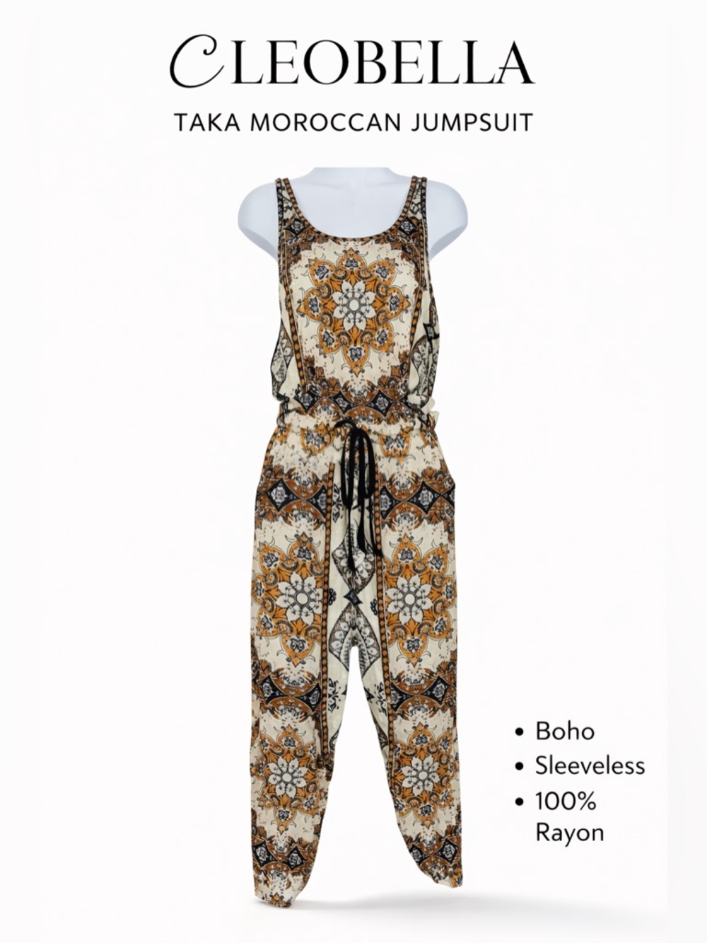 Cleobella Taka Moroccan Jumpsuit Small Boho Anthropology Rayon Sleeveless Jogger